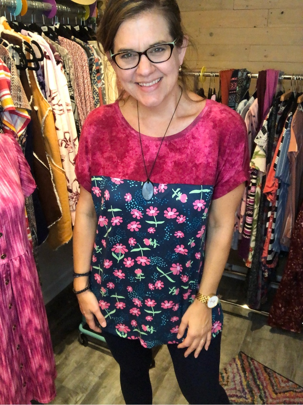 Women’s Colorblock Floral Tunic in Magenta and Navy -